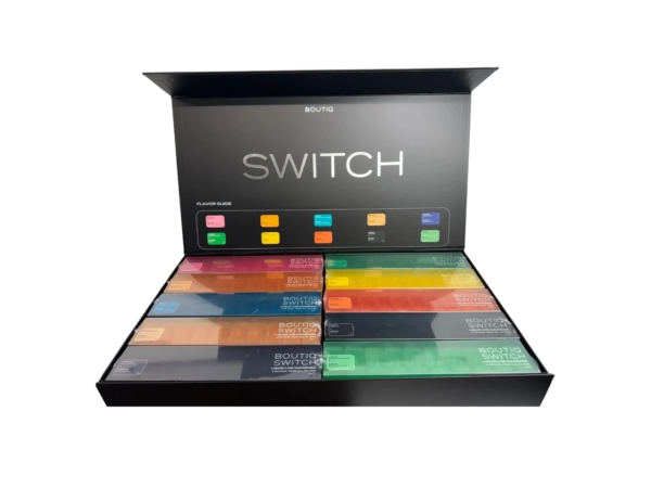 Sleek Boutiq Switch V4 disposable vape with dual-strain Boutiq V4 cart in black and gold, on a white background with subtle cannabis leaf accent.